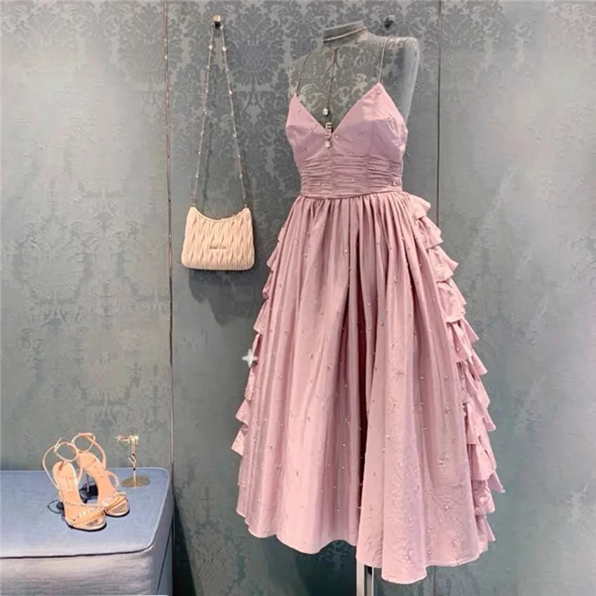 

French style summer pink purple heavy industry diamond layered dress women spaghetti strap princess party ball gown dress