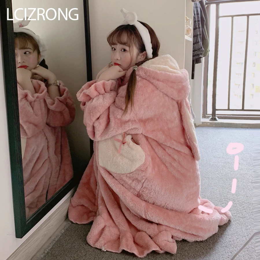 Winter Fashion Warm Comfortable Midi Robe Women Sweet Girl Cute Big Rabbit Ear Loose Bathrobe Long Sleeve Dressing Gown Female