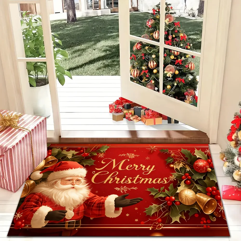 VIKAMA Christmas Doormat Non‑Slip Front Door Rug Washable Indoor Outdoor Xmas Santa Holly Berry Winter Entrance Decor Mat