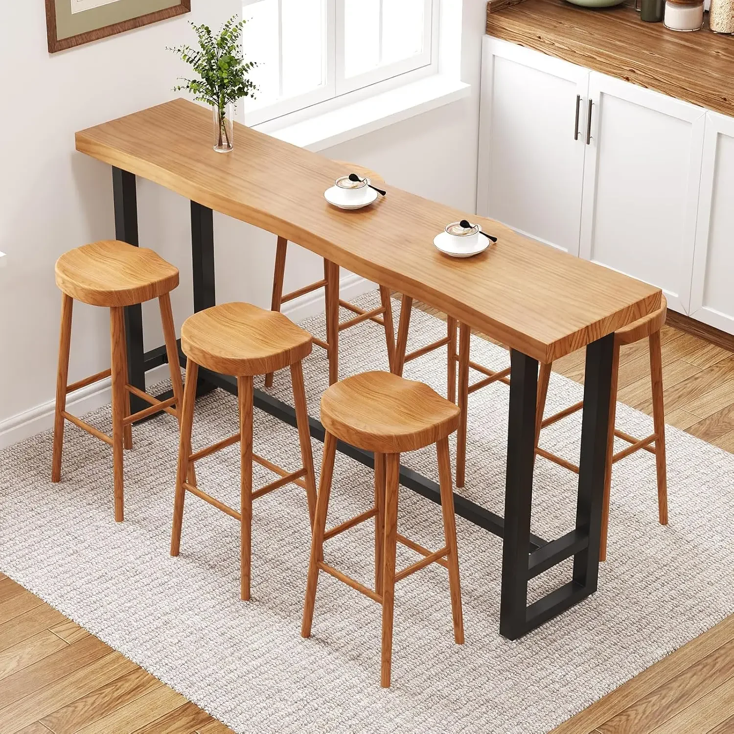 

47in Solid Wood Live Edge Bar Table - Bar Height Pub Table with Built-in Footrest, Solid Wood Top & Sturdy Metal Legs for Kitche