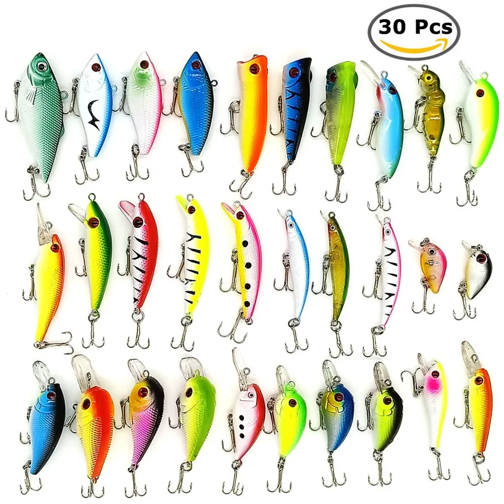 

30PCS Kinds of Fishing Lures Crankbaits Hooks Minnow Baits Bass Tackle Crank Set