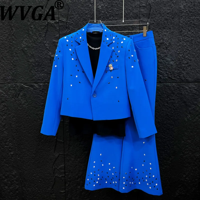 

Мужской костюм WVGA: Новинка Весна-Осень, модный укороченный пиджак с отложным воротником и стразами, шикарные повседневные брюки-клеш W22025