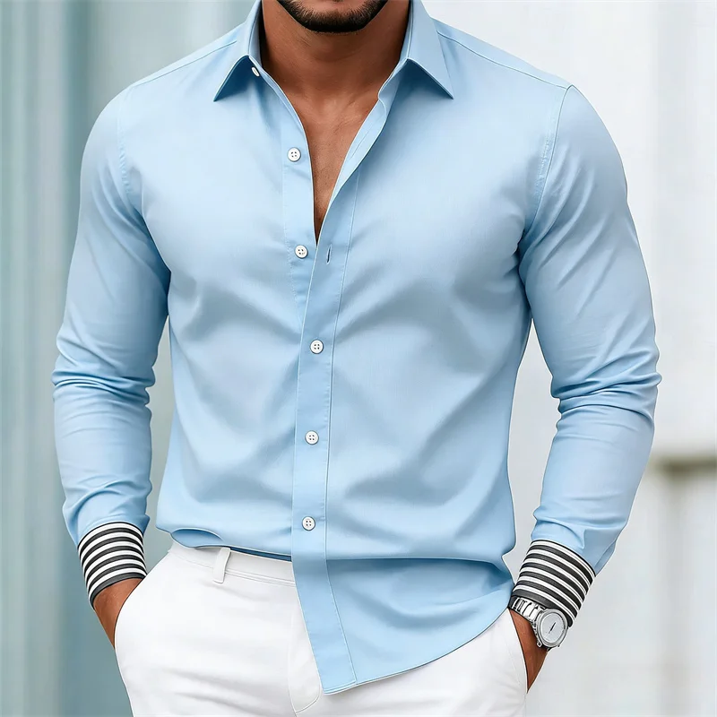 새로운 남성용 슬림핏 흰색 긴팔 셔츠, 스트라이프 소매, 편안하고 다재다능한 비즈니스 캐주얼 셔츠.