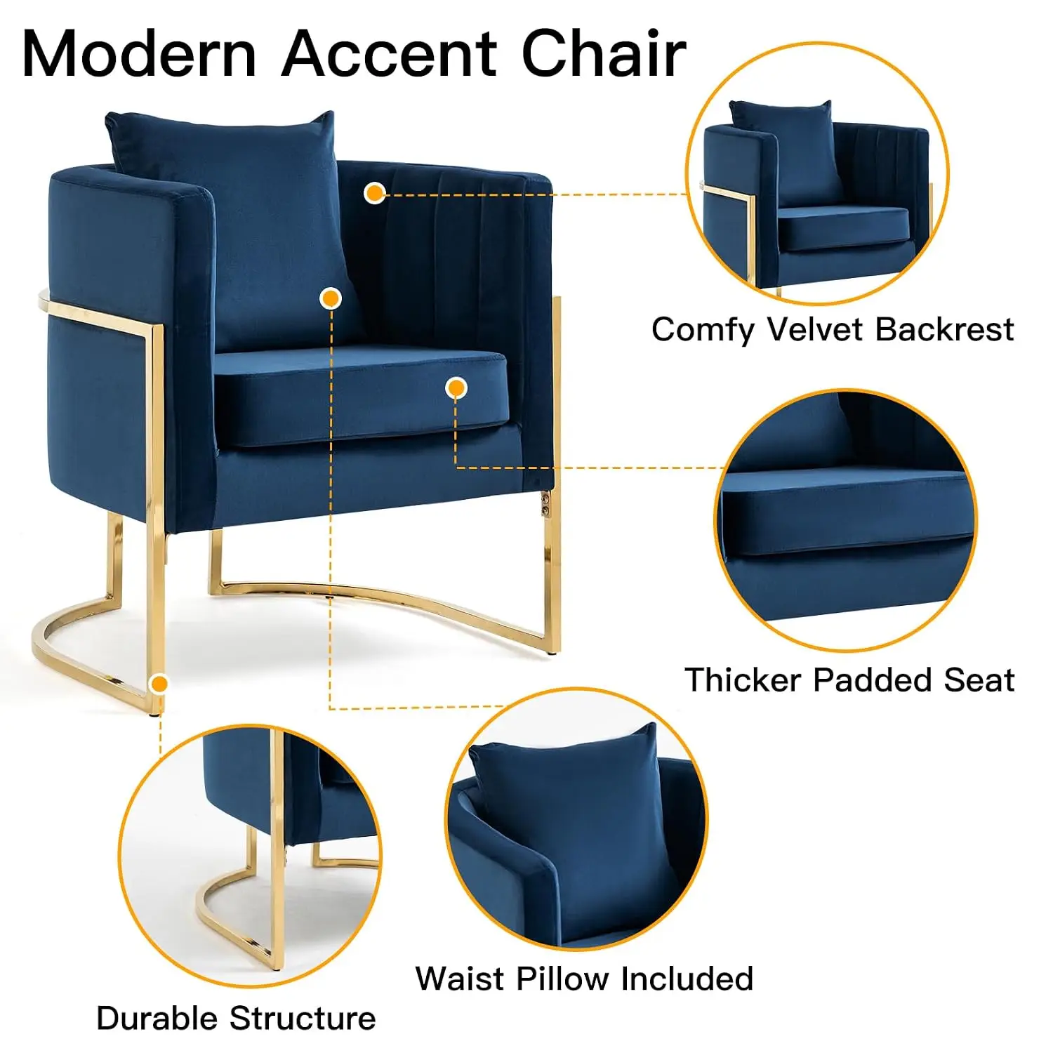 Velvet Accent Chairs Set of 2, Mid Century Modern Upholstered Armchair with Pillow for Living Room, Comfy Barrel Single Vanity