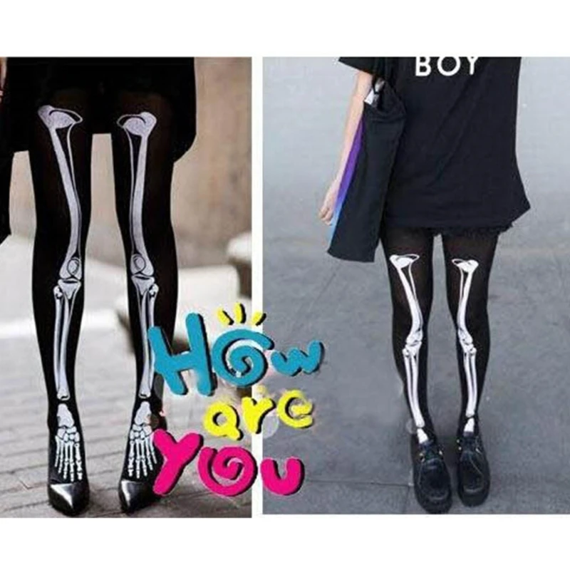 Halloween Skeleton Costume Footed Tights Women Funny Scary Stockings Skull Print Pantyhose Leggings for Cosplay Party