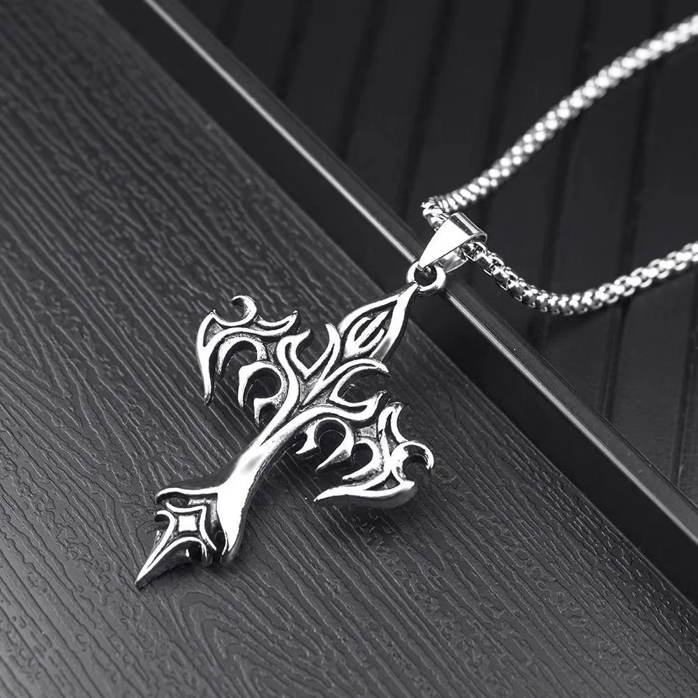 Retro Flame Cross Necklace Punk Hip-Hop Gothic Street Pendant Chain Fashion Jewelry Gift For Men Women Wholesale