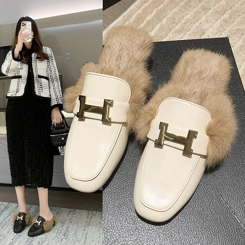 Fur Women Slippers Metal Decoration Fringe Appliques Slides Winter 100% Real Rabbit Hair Shoes Woman Indoor Big