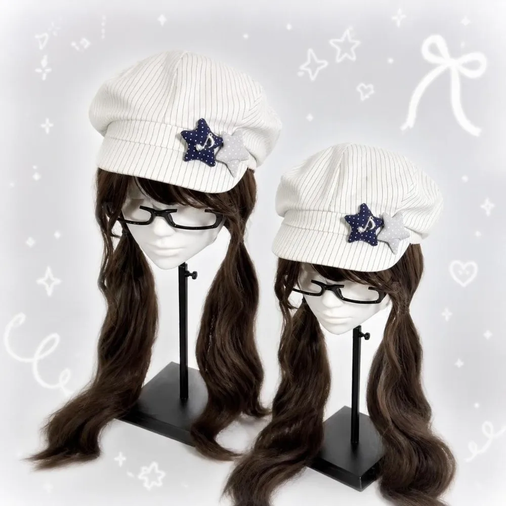 Retro Striped Beret Hat Soft Star Decoration Newsboy cap Foldable Octagonal Hat for Girls