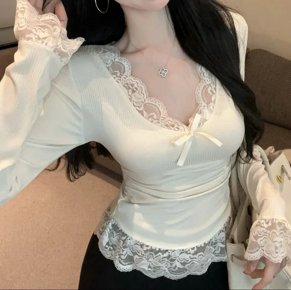 المرأة الخريف/الشتاء نمط جديد كم طويل تي شيرت الرغبة النقية Slims الدانتيل مزين الخامس الرقبة أعلى ألياف البوليستر قاعدة طبقة #2