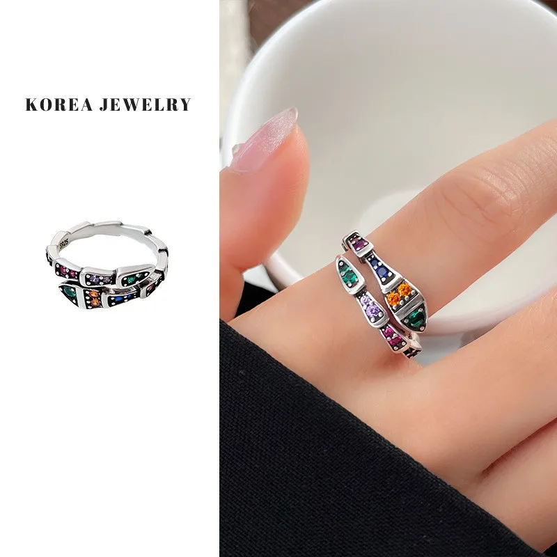 Luxury Simple Fashion Colorful Zircon Rings For Women Vintage Vintage Silver Color Opening Rings Wedding  Jewelry Birthday Gifts