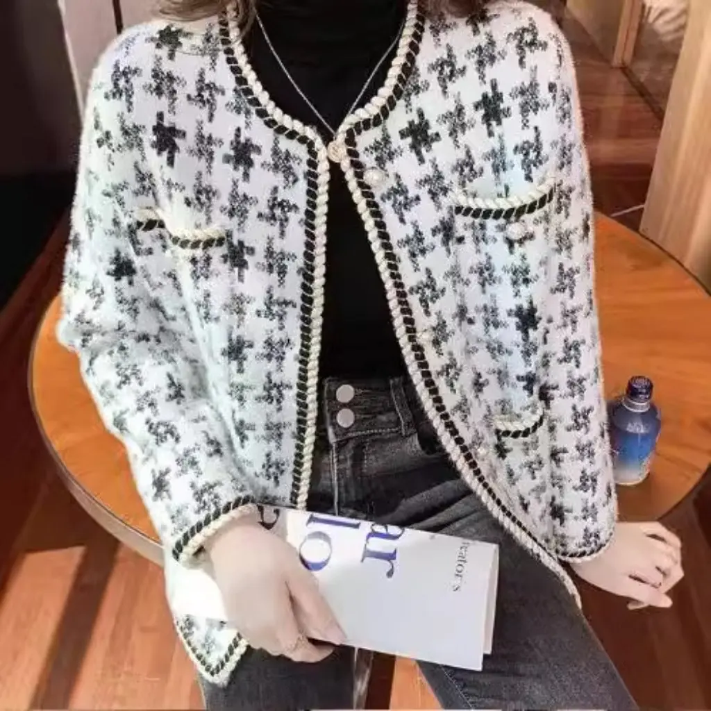 - مستوحاة المرأة معطف قصير تقليد المنك المخملية houndstooth منقوشة سترة النمط الغربي الخريف الشتاء سترة نسائية