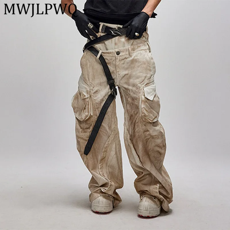 

MWJLPWQ Irregular Patchwork Three-Dimensional Design Machete Jeans Men's Loose Fit Color-Washed Distressed Trousers Spring 13745