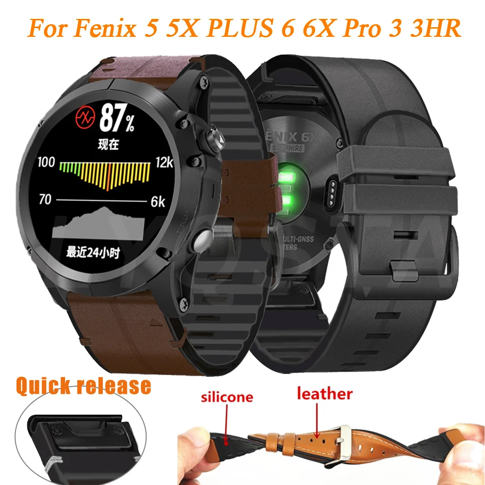 

For Garmin Fenix 6XPro 6 5 5X Plus 3/3HR Wristband Quick Fit 26 22mm Silicagel Leather Watch Strap Forerunner 935/945 Bracelet