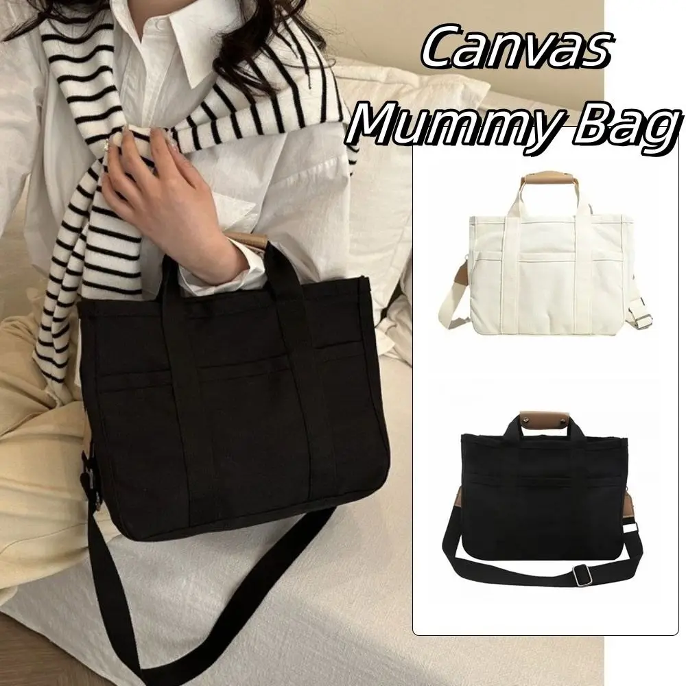 

Simple Solid Color Mummy Bag Multifunctional Multi-pocket Canvas Mother's Bag Tote Bag Korean Style Women Shoulder Bag Diapers