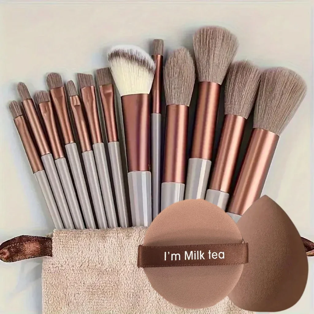 Set di pennelli per trucco marrone da 13 pezzi con soffio rotondo e frullatore di bellezza - Kit completo per trucco professionale per fondotinta