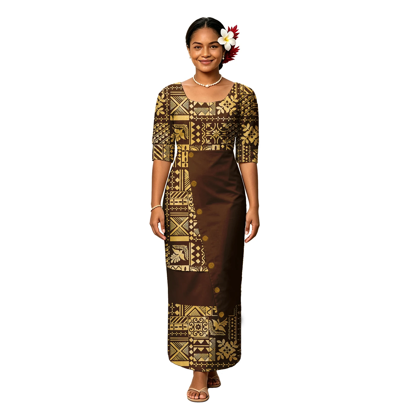 U-Neck Midi Sleeve Ladies Puletasi Polynesian Tribal Design Women Custom Clothes Floral Print Samoan Puletasi Dress 2 Piece Set