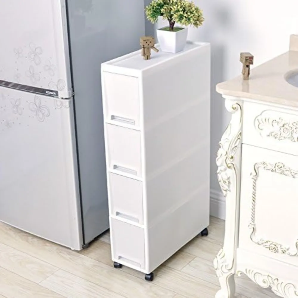 

Narrow Slim Rolling Storage Cart and Organizer, 7.1 inches Kitchen Storage Cabinet Beside Fridge Small Plastic Rolling Shelf wit