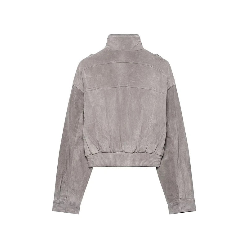  YENKYE Autumn Winter Women Gray Faux Leather Cropped  Cargo Jacket High Neck Long Sleeve With Pockets Casual Outerwear