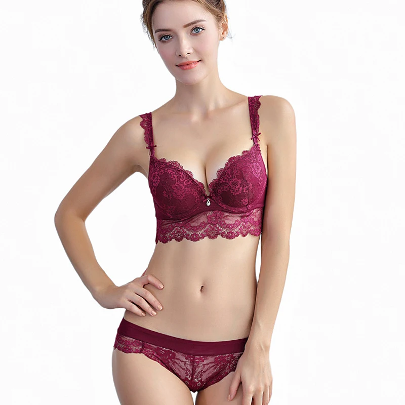 Europe Sexy Lace Flowers Embroidery Bra Set Adjustable Women Underwear Push Up Bras Romantic Burgundy Plus Size Lingerie Panties