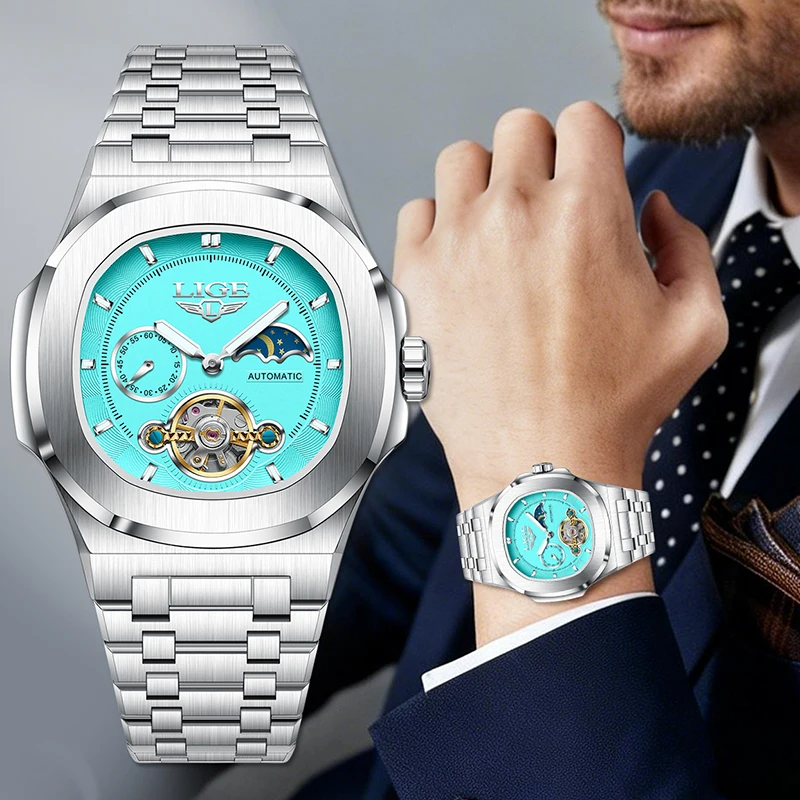 

Мужские механические наручные часы LIGE Square, модные, премиум-класса, из нержавеющей стали, с люминесцентным циферблатом, автоматические, для мужчин, Reloj Hombre