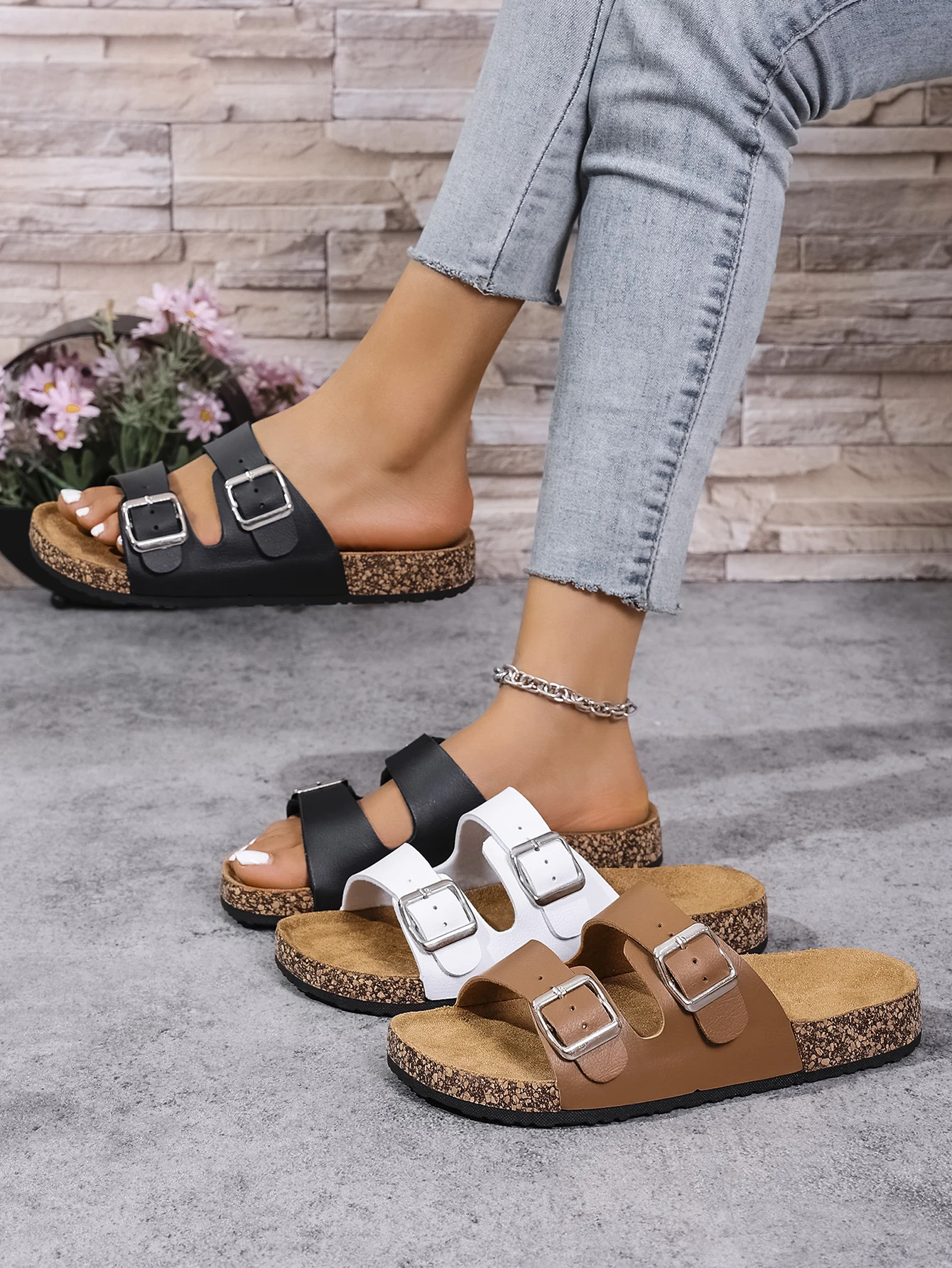 Women's Summer and Spring/Autumn Casual Simple Buckle Cork-Patterned Adjustable Pu Upper Flat Slip-On Double-Strap Sandals Beach Slippers for Home and Outdoor Use