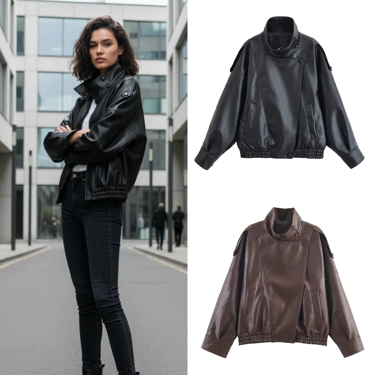 Women's Stand Collar Loose Faux Leather Jacket Black/Brown Casual Cool Outerwear 2026
