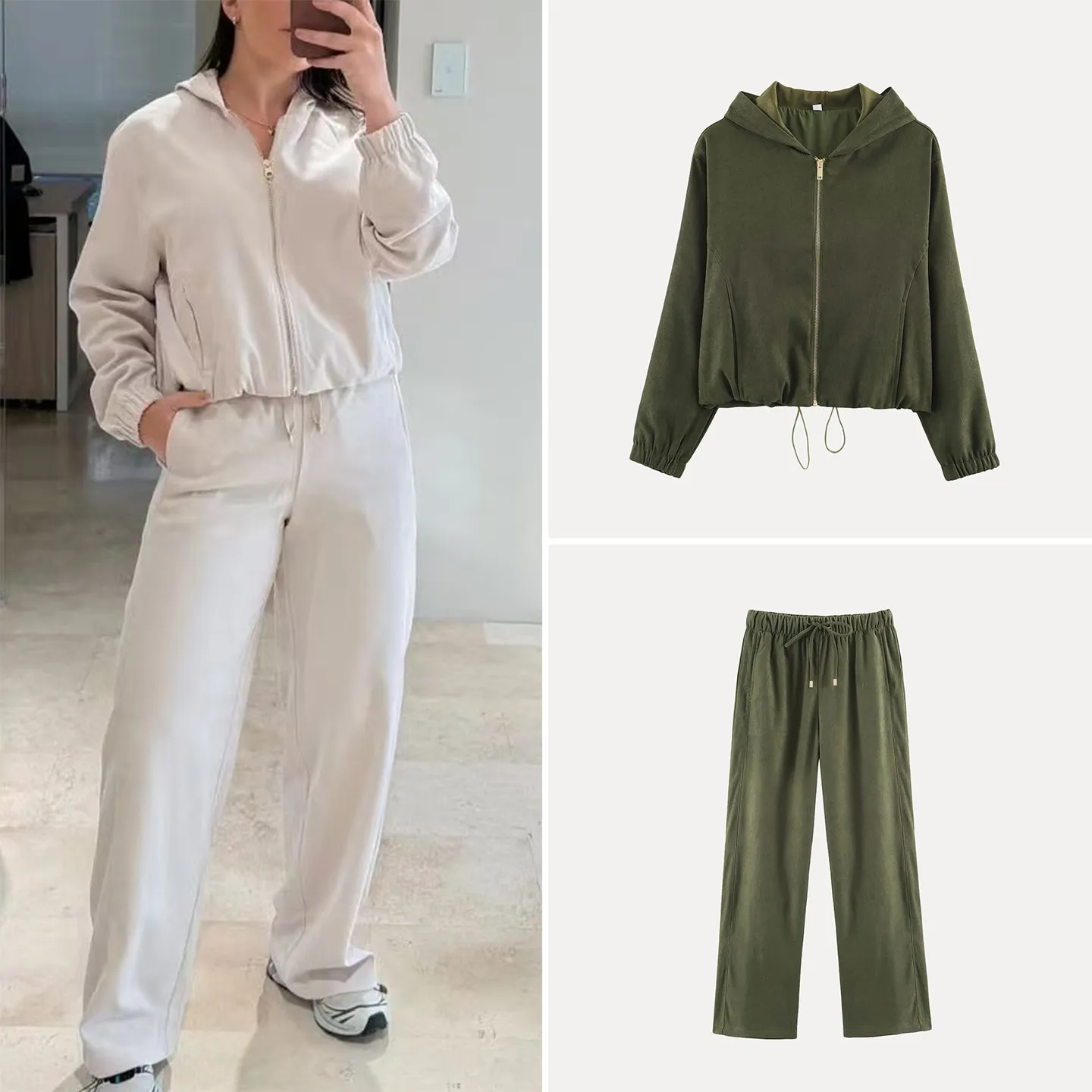 Women's Fashion Hooded Zipper Top with Belt Long Pants Two-Piece Set Autumn 2026 Collection Wide Leg Pants Belted Design