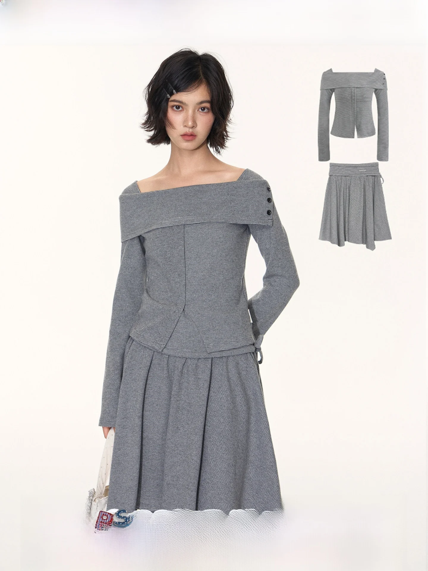 

NAPSNAPS Original oulder Bared Slit Long Sve T irt Women's Design Sense Irregular Splicing f Skirt Set Casual Sle...