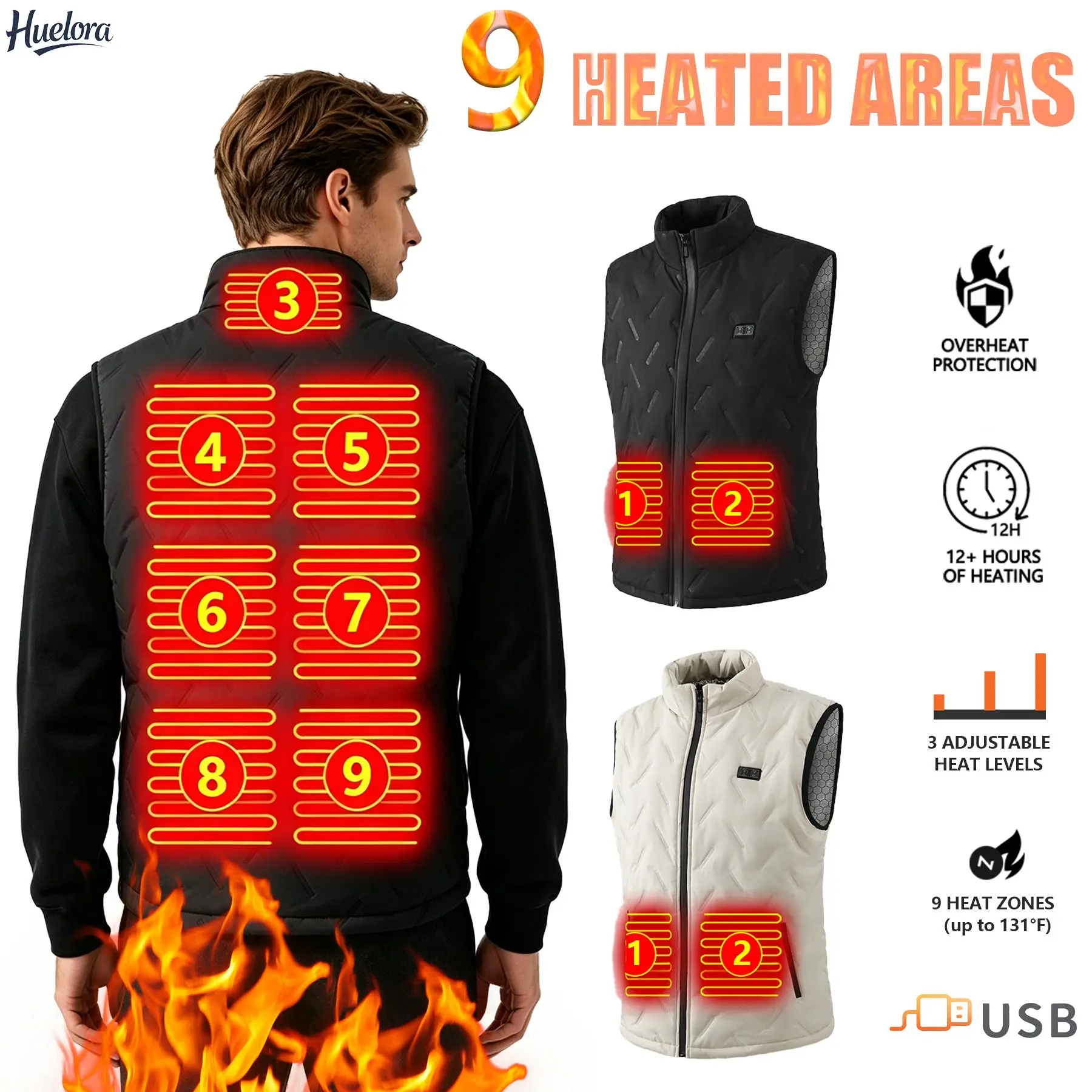 9 Heating Zones USB Heated Vest Men 3 Adjustable Heat Levels Winter Warm Electric Thermal Waistcoat for Skiing Hiking Men Women
