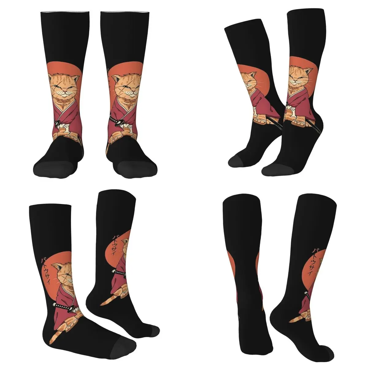 All Seasons Cats Anime Samurai Sword Socks Harajuku Crew Socks Funny Stockings for Men Women
