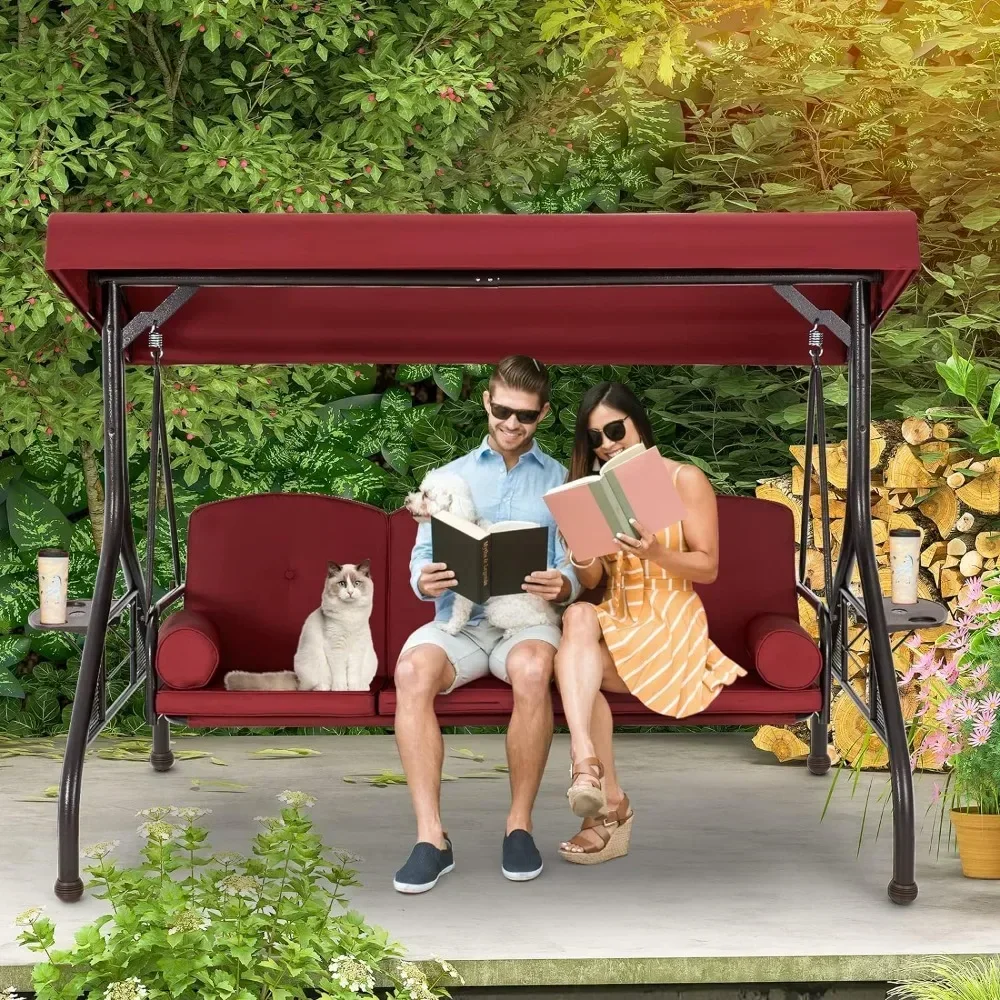 For Outdoor Garden Swing Chair, Adjustable Canopy Porch Swings, Glider Chair with Thicken Cushions, 3 Seat Garden Swing Chairs