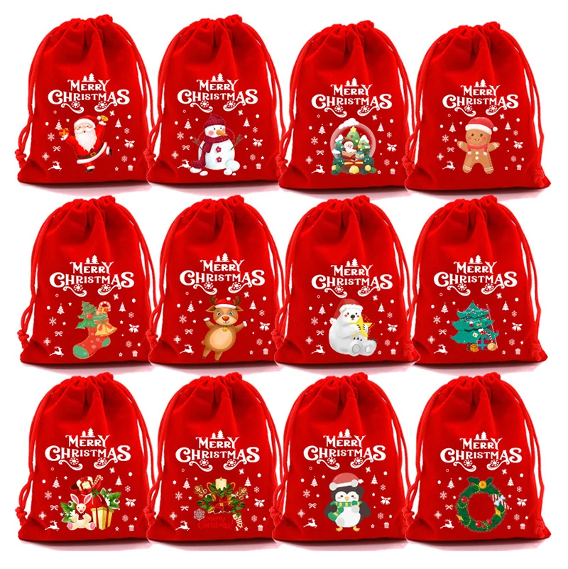 

Christmas Gift Bags,Fuzzy Drawstring Bags 12Pcs,Fluffy Xmas Party Favor Packaging,Santa Snowman Print for Holiday Wedding Gifts