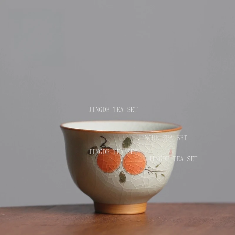 

1pc Persimmon Tea Cup Chinese Small Capacity Tea Cup Home Underglaze Color Ice Cracked Glaze Master Cup Drinking Utensils