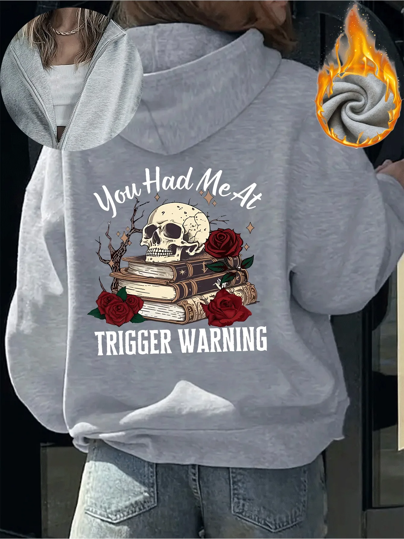 Unisex Skull Rose Book Sport-Zip-Hoodie mit „Trigger Warning“-Schriftzug-Druck, Fleece-gefüttert, Oversized Zip-Up-Sweatshirt für Herbst und Winter – Detail 4