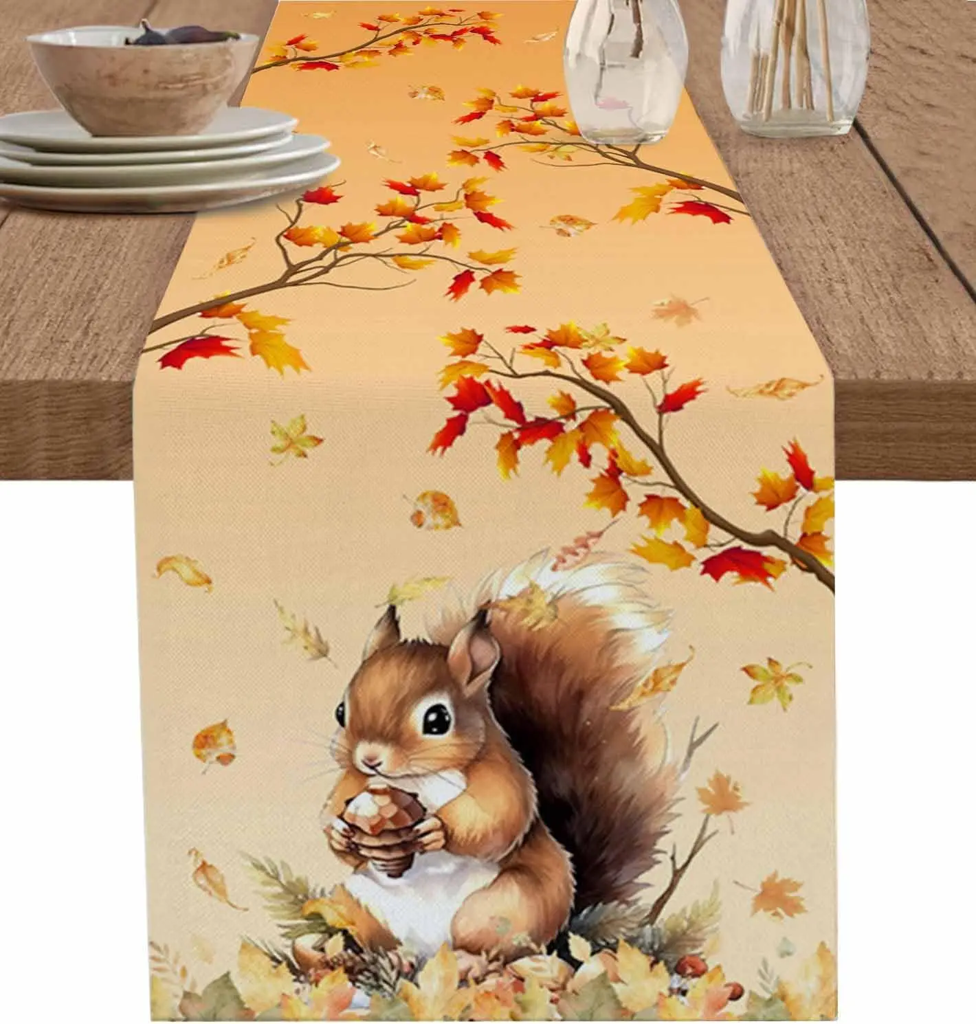 Autumn Squirrel Maple Leaves Printed Linen Table Runners Thanksgiving Fall Season Dresser Scarf Table Decor Holiday Party Decor