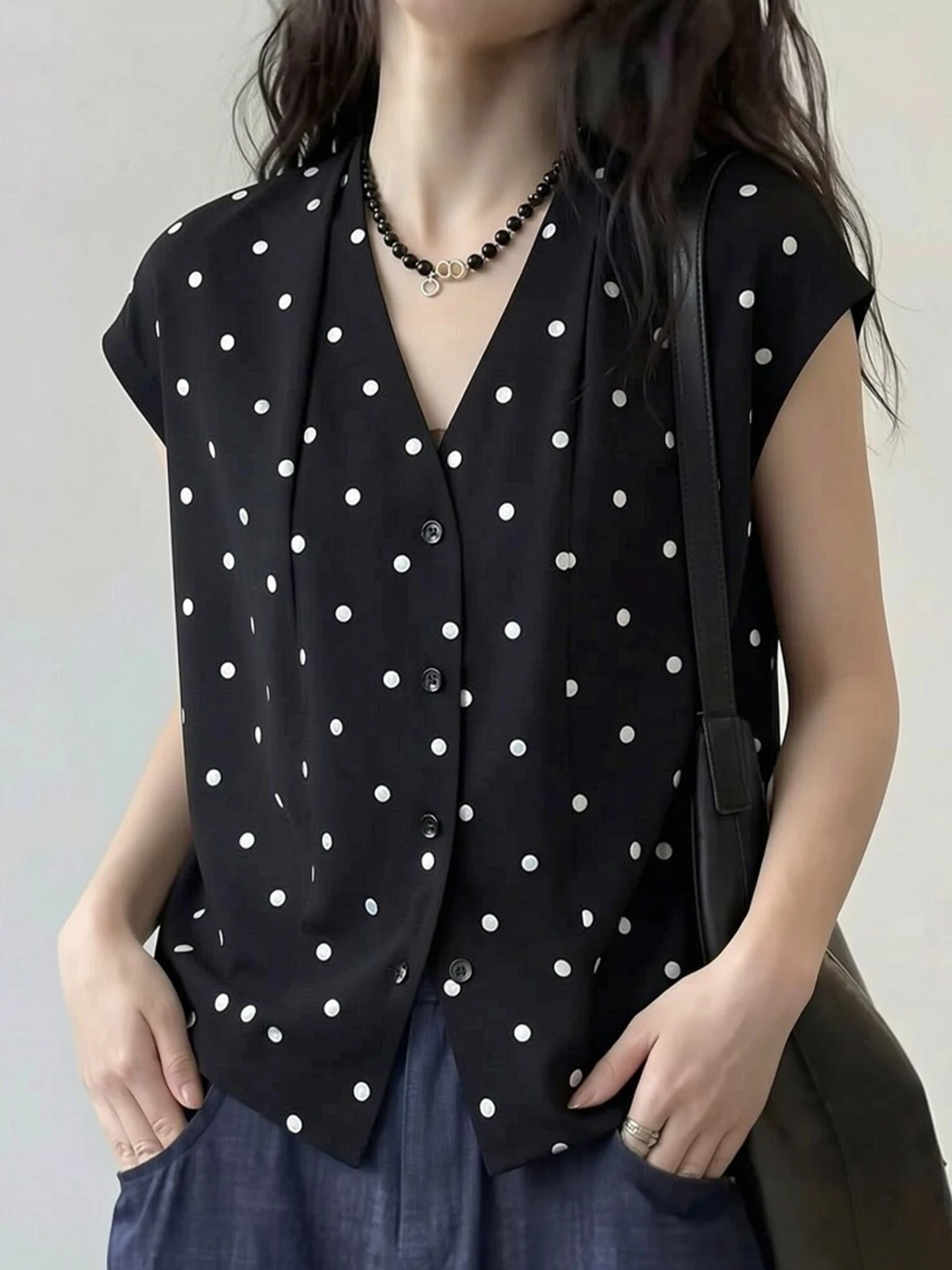

Spring Season Polka Dot Color Blo Chiffon irt Women's Casual Sle Retro Faionable Versatile Busin Commute irt