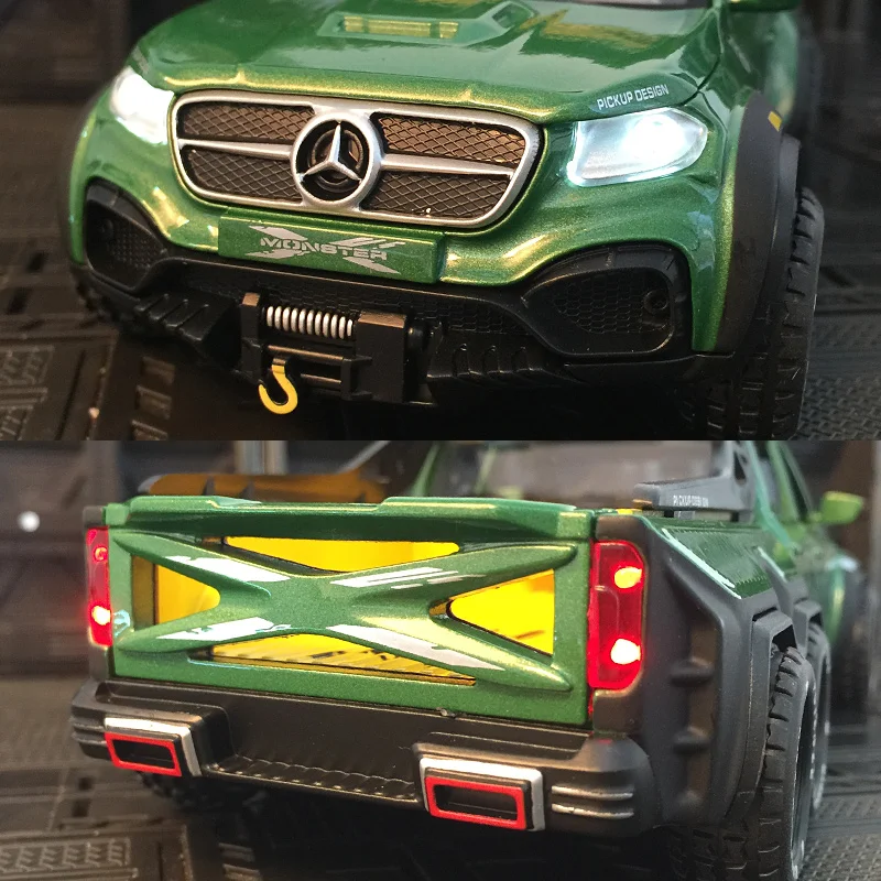 1:28 مرسيدس بنز بيك اب سبيكة نموذج سيارة الباب يمكن فتح الصوت والضوء العودة على الطرق الوعرة مركبة هدية تفاصيل غنية