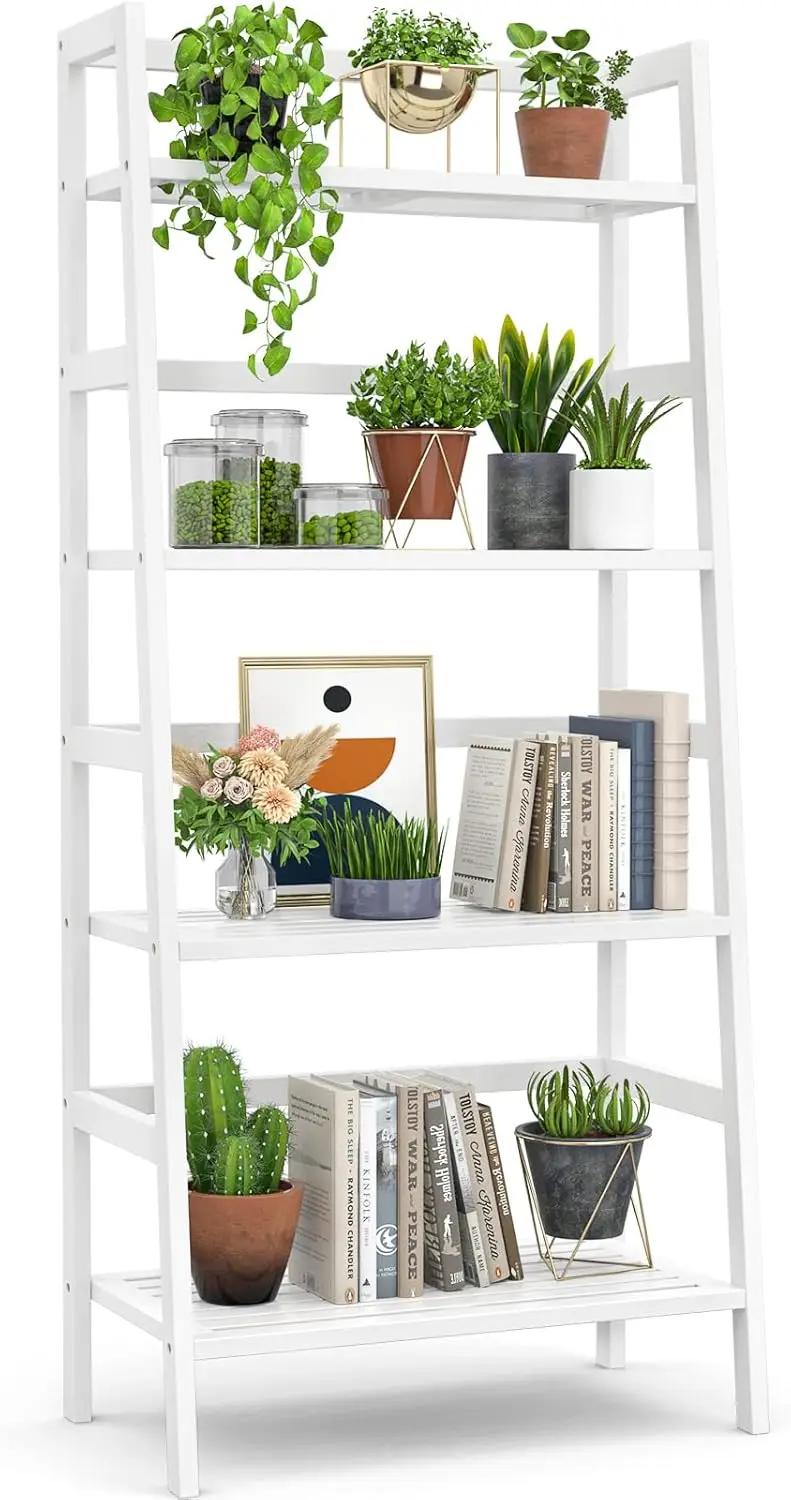 

White Bookshelf 4-Tier Ladder Shelf, 49.2” Freestanding Open Bookcase Book Shelf Bathroom Storage Shelf Unit Plan