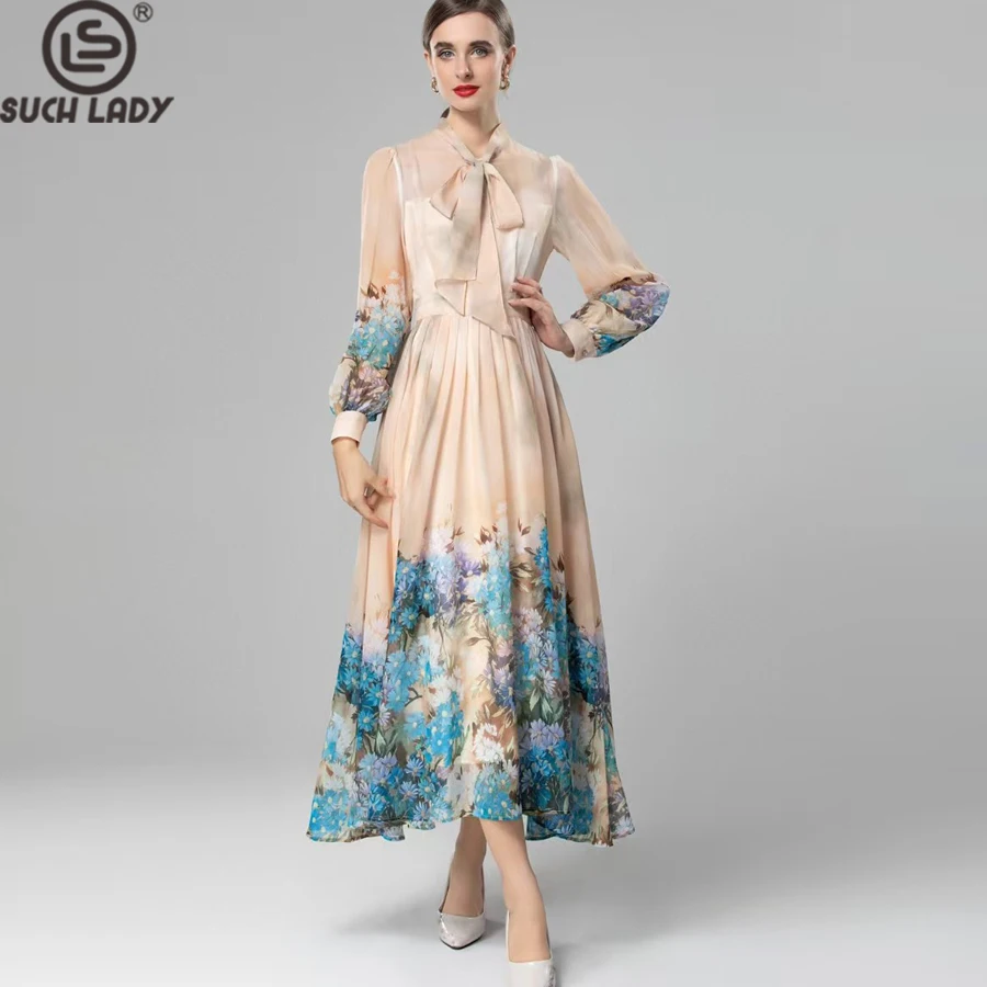 

Women's Dresses Lace Up Collar Long Sleeves Printed Elegant Fashion Designer Vestidos Gown