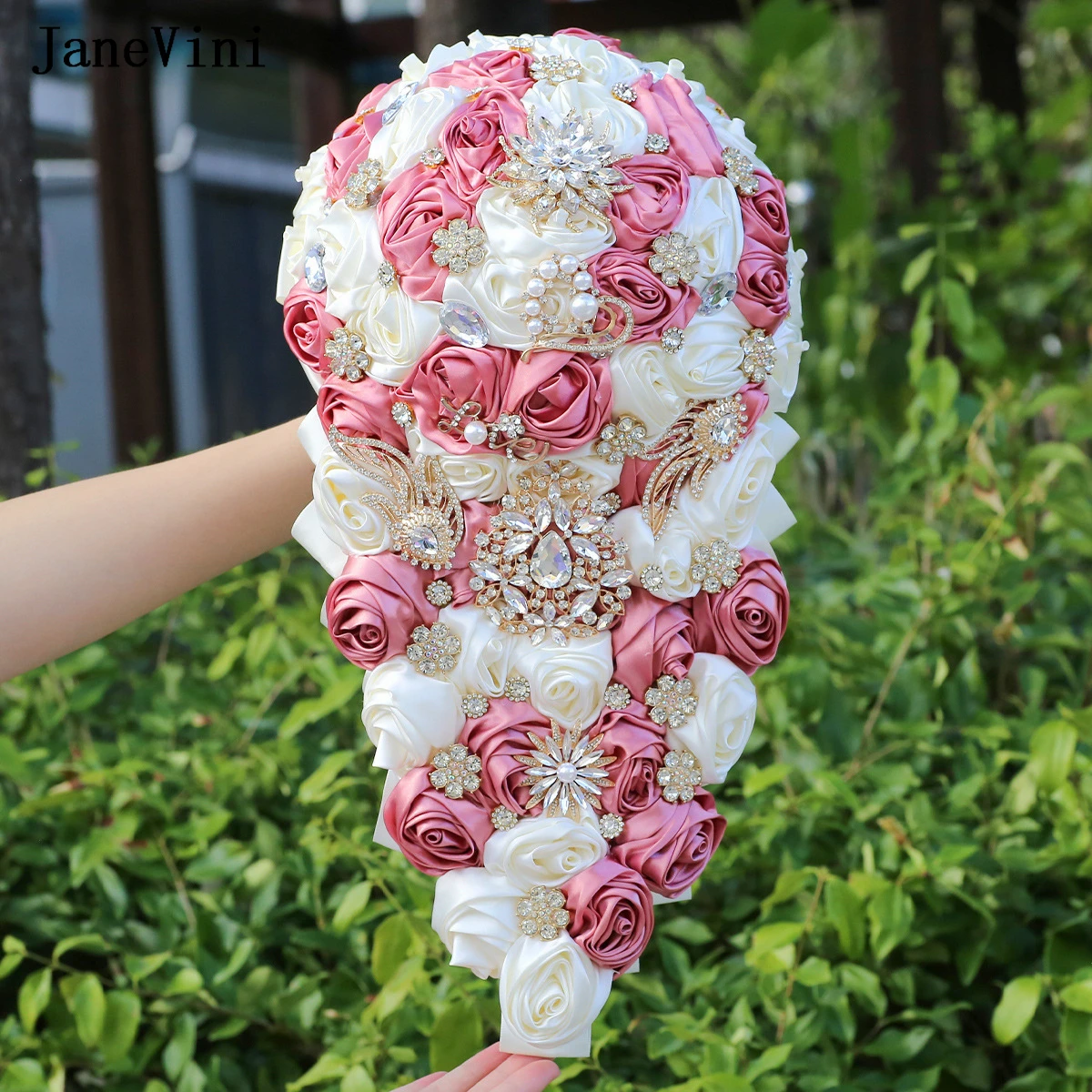 

JaneVini Pink Cascading Bridal Bouquets Sparkly Gold Rhinestones Artificial Satin Roses Korean Waterfall Wedding Bouquet Flowers