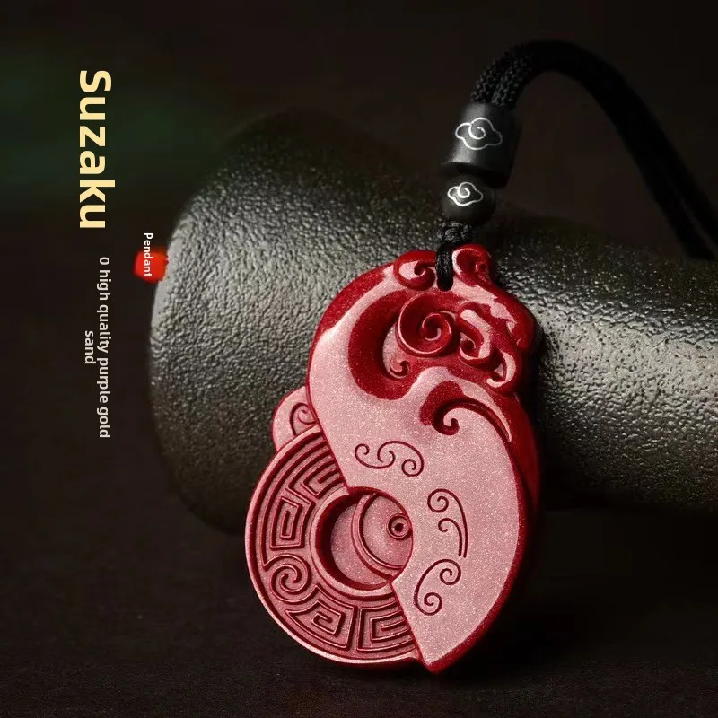 Chinese Traditional Purple Gold Cinnabar Suzaku Pendant Lucky Blessing Wealth Fortune Fire Element Necklace For Men Women Spirit