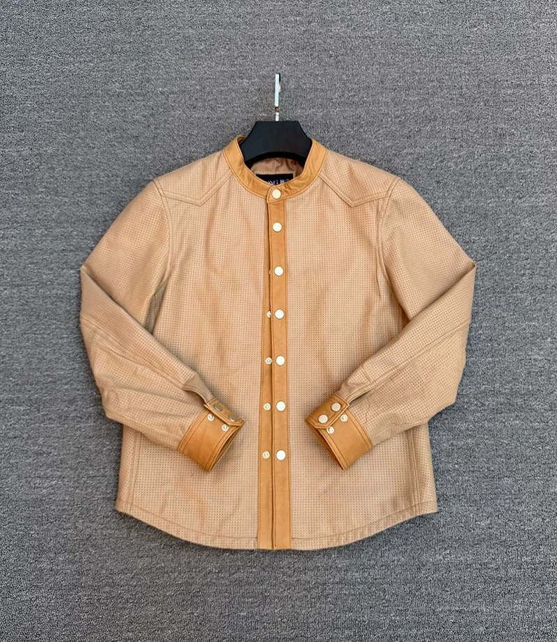 Breathable perforated first-layer sheepskin leather jacket men's shirt stand-up collar shirt leather jacket motorcycle pure leat