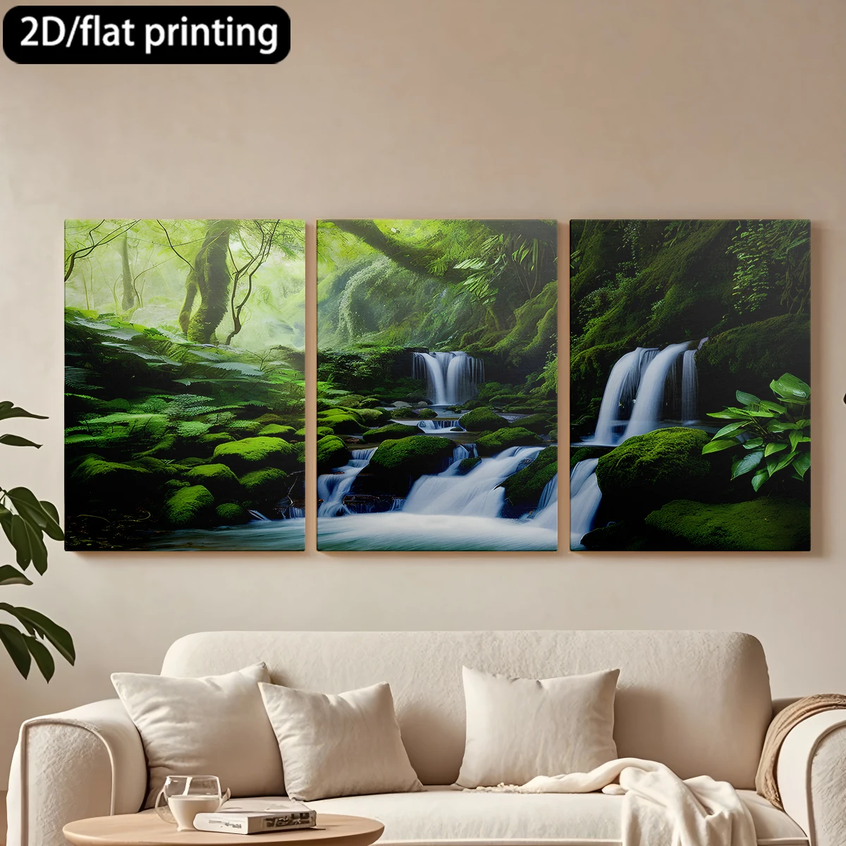 Pintura decorativa en lienzo con marco de madera de 3 piezas, cascada verde exuberante, bosque tropical. Decoración para pasillo y dormitorio.