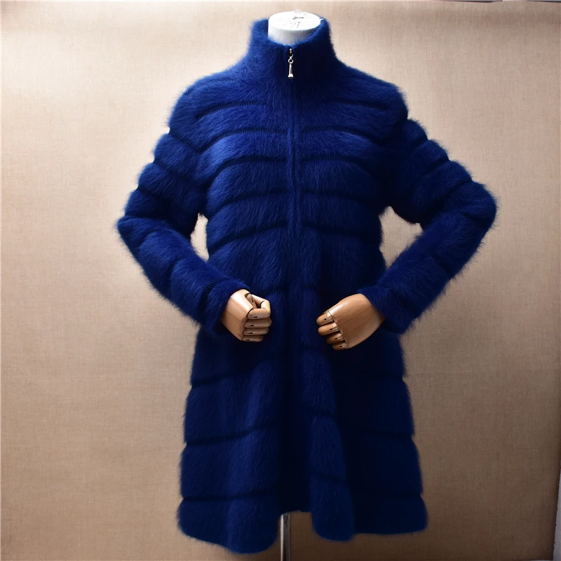 

Female Women Fall Winter Blue Zippers Hairy Mink Cashmere Knitted Turtleneck Long Sleeves Striped Slim Cardigans Sweater Jacket