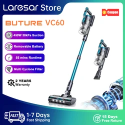 Buture VC60, Aspirateur sans fil, puissance d'aspiration puissante de 38kPa et 450W, autonomie durable de 55 minutes, appareil vertical sans fil pour le nettoyage des sols, tapis et voitures