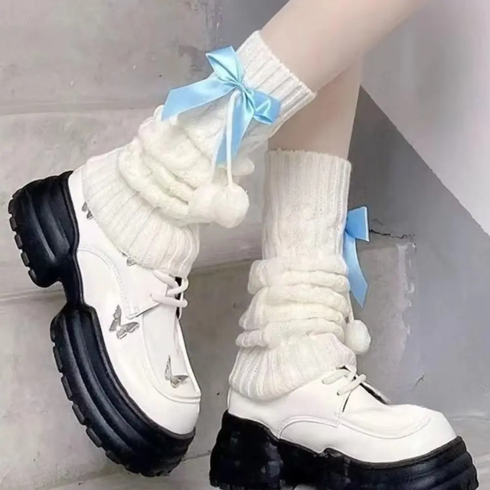 Fashion Lolita Knitted Leg Warmers Thermal Fleece Lined Leg Covers Bowknot Pom-pom Leg Warmers Socks