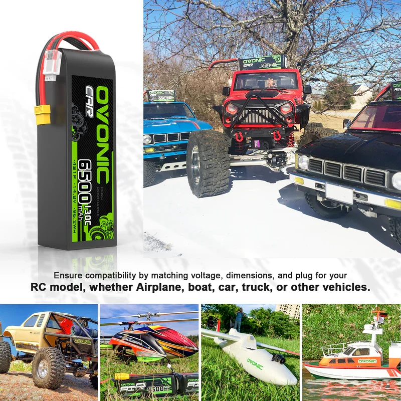 Batería LiPo OVONIC 4S 6500mAh 14.8V 130C (Paquete de 2) con Conector XT60 a TRA para Autos, Camiones y Barcos RC a Escala 1/8 y 1/10, Baterías de Carreras de Alta Capacidad