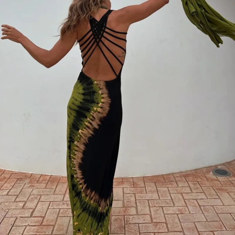 Gonna lunga da pavimento cava sexy da donna di nuovo stile estivo 2025 Cintura posteriore senza maniche stampata alla moda ​ ​ abito da festa chic