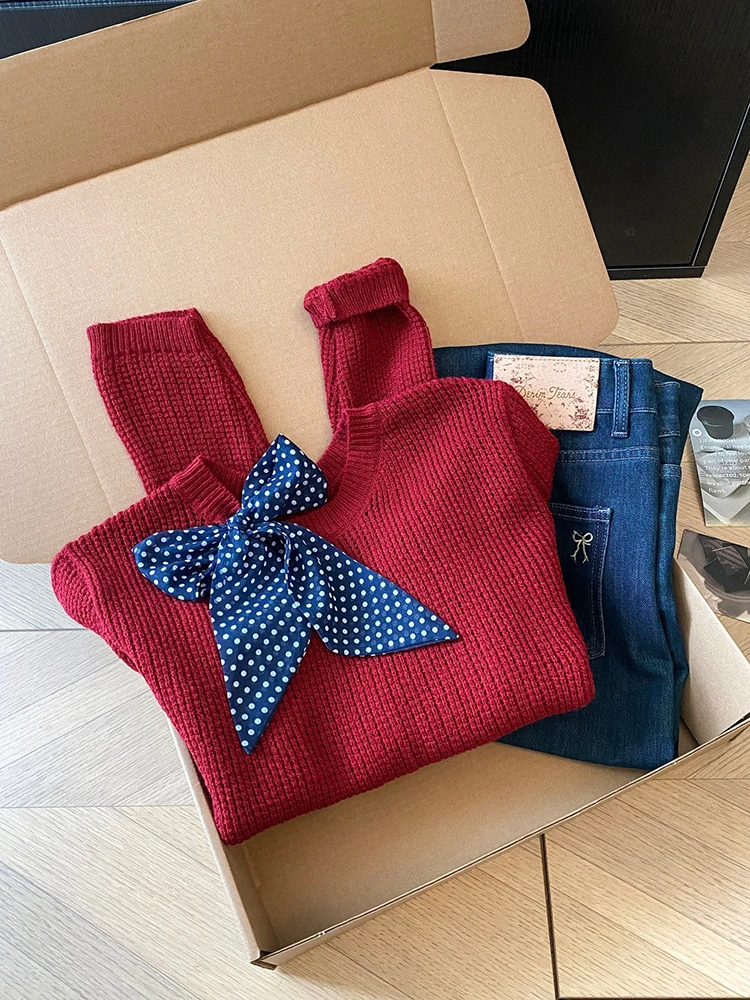 

Red Wine Color Silk Scarf Long Sve Knitted Sweater Women's Autumn Faion Sle Lazy Hollow out Slimming Thin Cover up