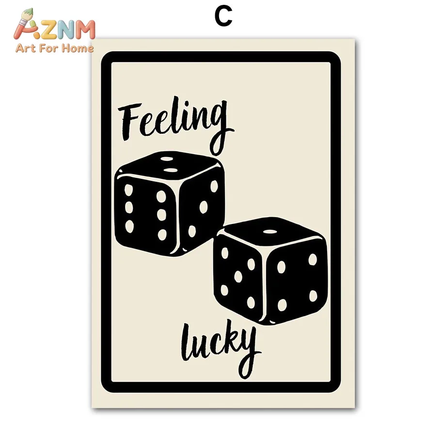 AZNM Feeling Lucky Dice Canvas Print Black Beige Retro Minimalist Trendy Game Element Typography Bedroom Dorm Aesthetic Wall Dec